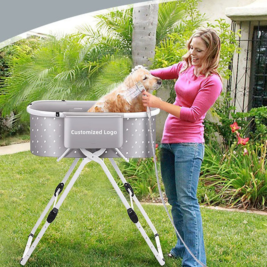 Dog Bath Pool with Foldable Shower Rack